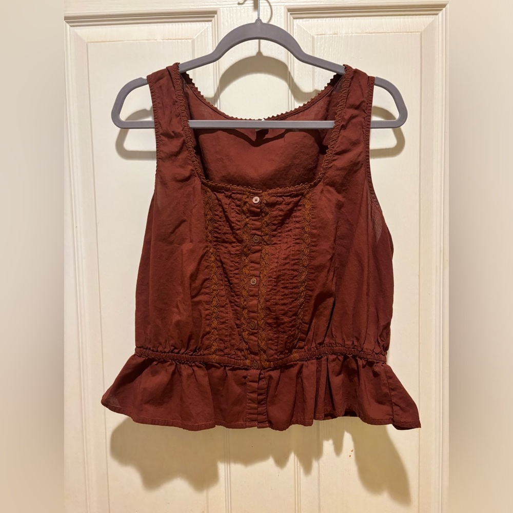 Brown Sleeveless Ruffle Hem Top